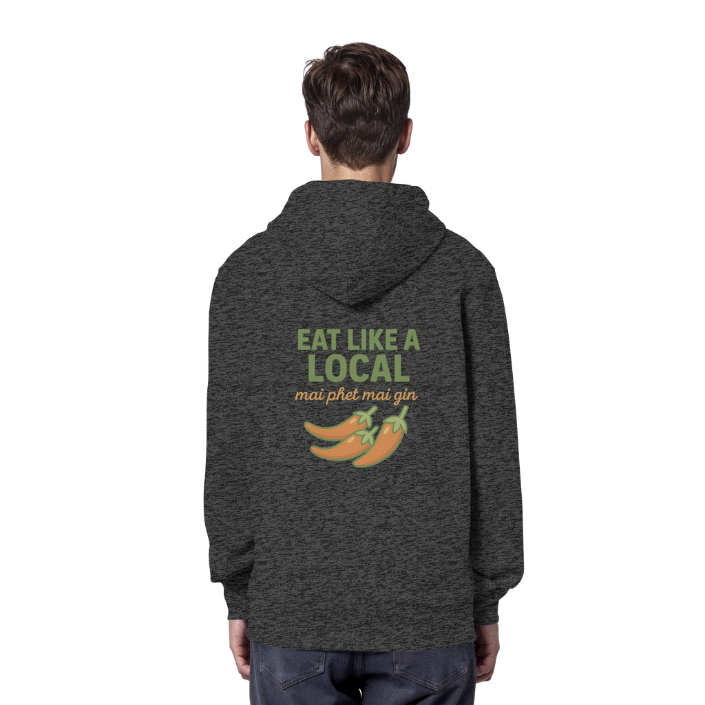 Eat Like a Local – Thai Food Design | „mai phet mai gin“ Chili Design - Rückseite bedruckt - Organic Hoodie