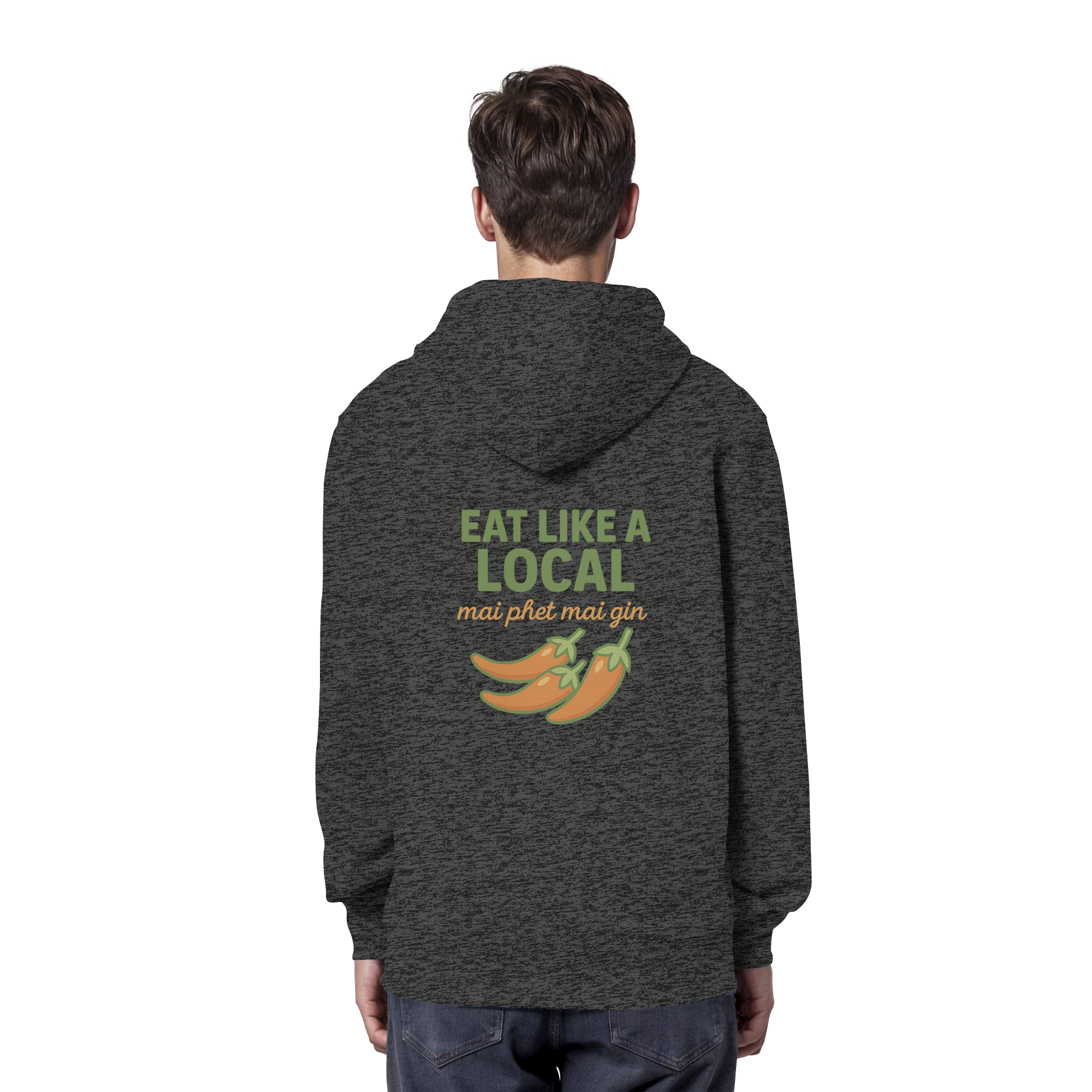 Eat Like a Local – Thai Food Design | „mai phet mai gin“ Chili Design - Rückseite bedruckt - Organic Hoodie
