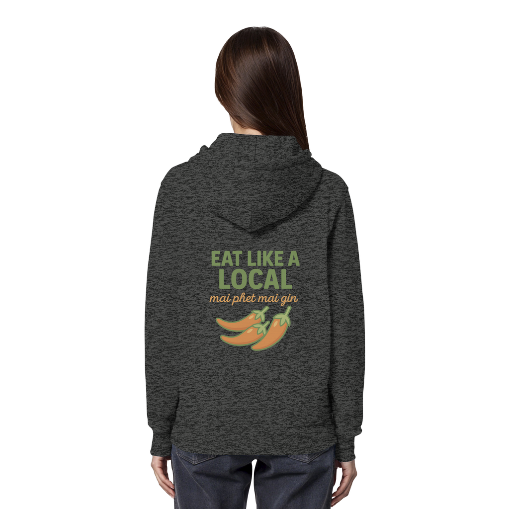 Eat Like a Local – Thai Food Design | „mai phet mai gin“ Chili Design - Rückseite bedruckt - Organic Hoodie