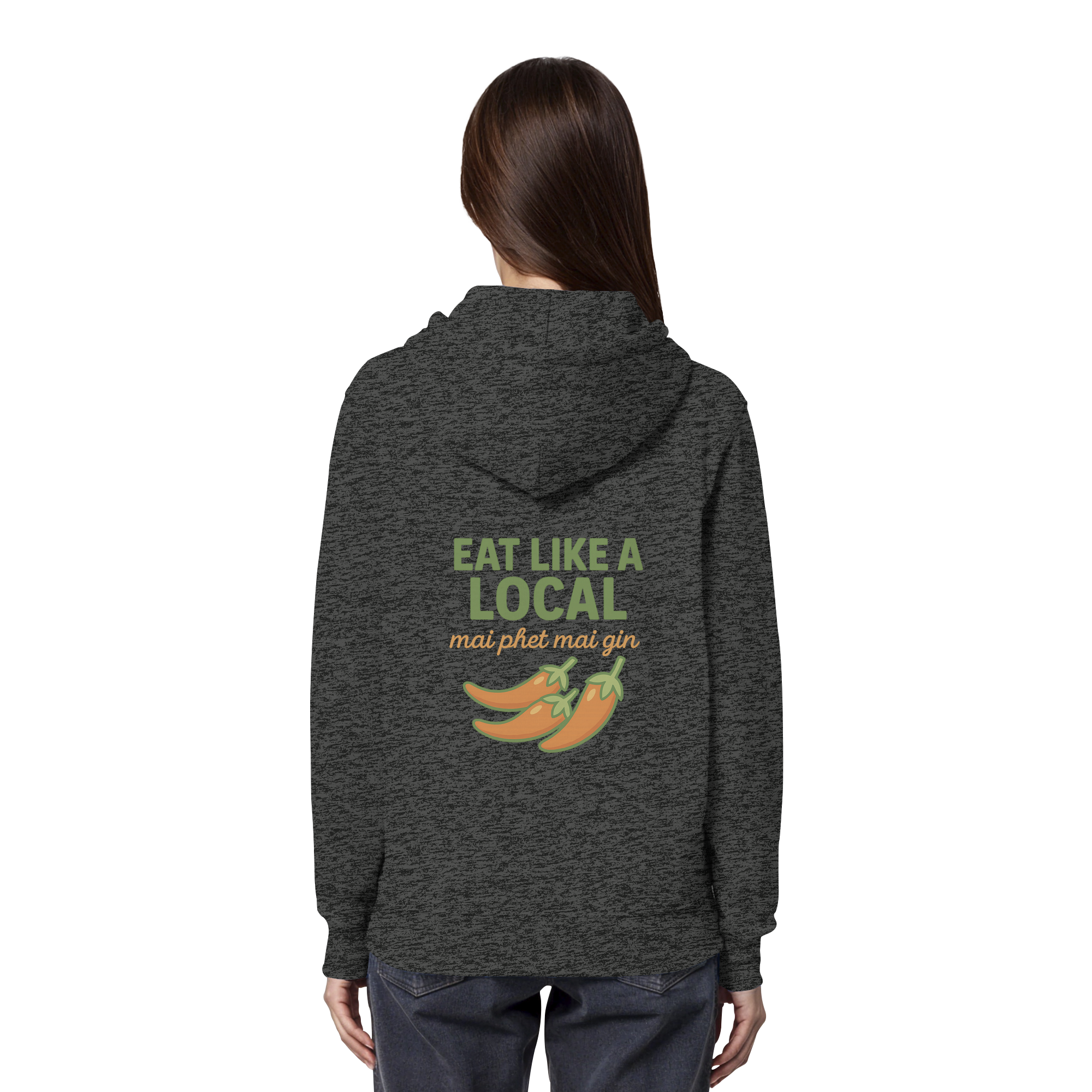 Eat Like a Local – Thai Food Design | „mai phet mai gin“ Chili Design - Rückseite bedruckt - Organic Hoodie