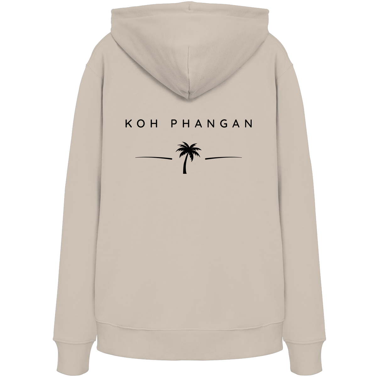 Original-Mockup des Bio Hoodie in Desert Dust mit Koh-Phangan-Minimal-Backprint