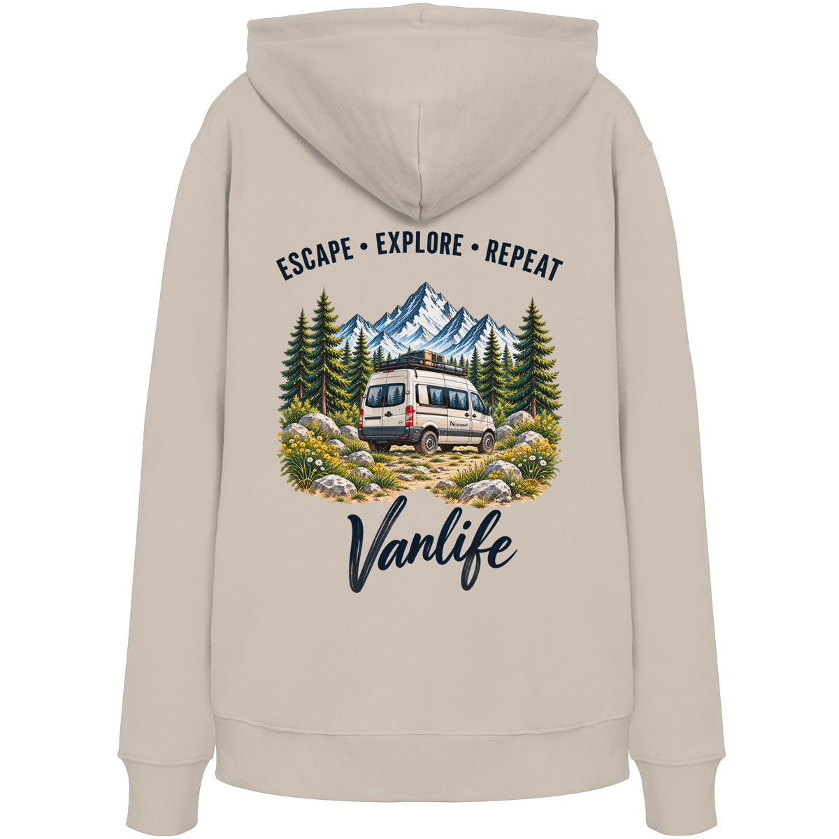 Bio Hoodie in Desert Dust als Produkt-Mockup mit Escape Explore Repeat Motiv als Backprint