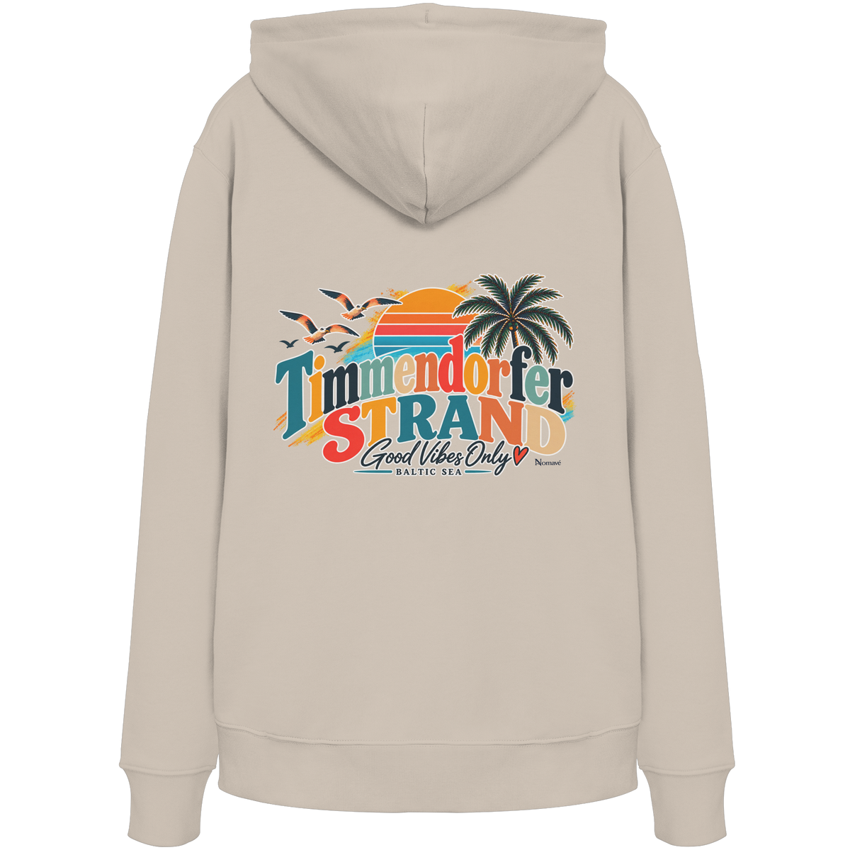 Timmendorfer Strand – Good Vibes Only – Unisex Bio-Hoodie mit Rückenprint – Desert Dust; originales Katalogmockup der Rückansicht mit Rückenprint.
