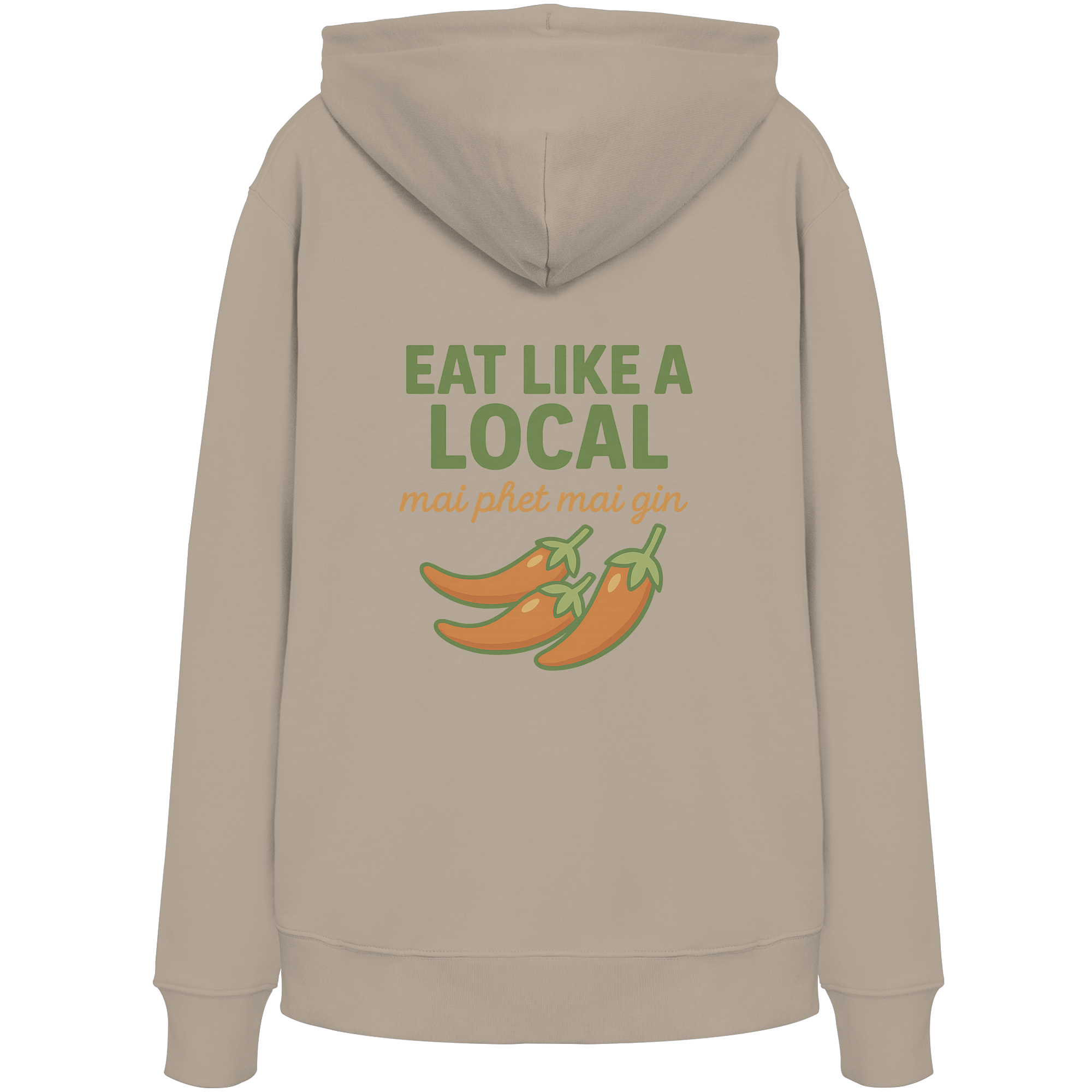 Eat Like a Local – Thai Food Design | „mai phet mai gin“ Chili Design - Rückseite bedruckt - Organic Hoodie