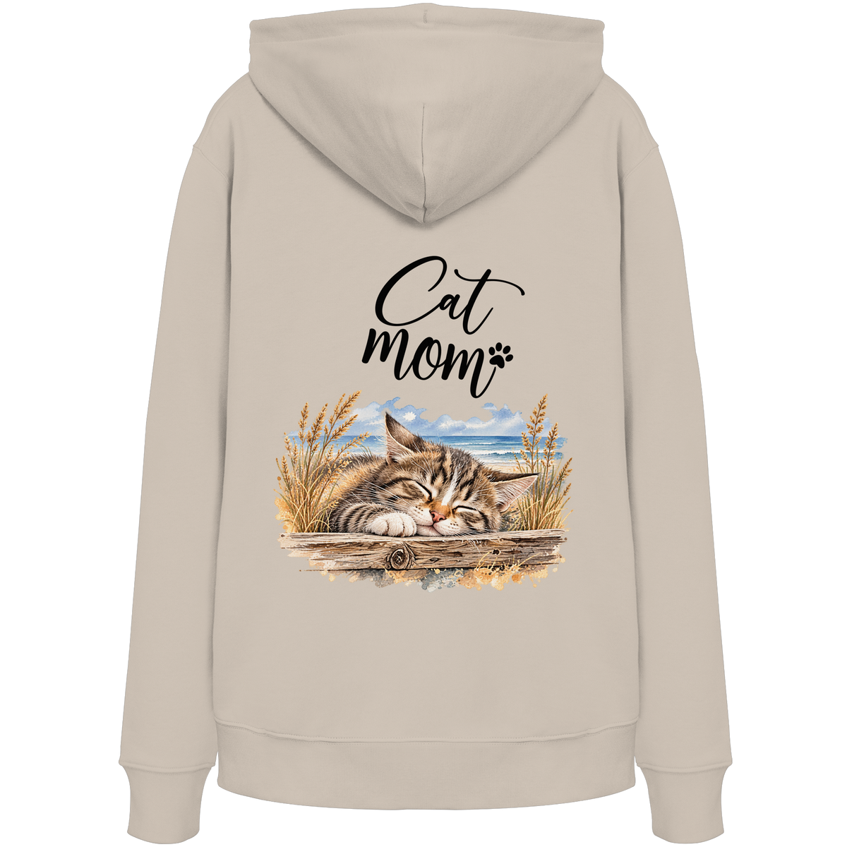 Cat Mom Bio-Hoodie in Desert Dust – Original-Rückansicht mit Kapuze und Katzen-Küstenmotiv als Rückenprint.