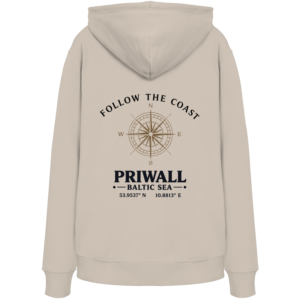 Rückansicht des Bio Hoodie in Desert Dust mit hellem Priwall Follow the Coast Backprint