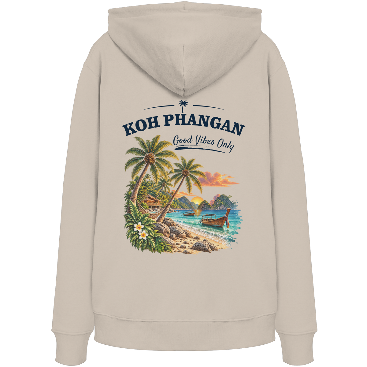 Bio Hoodie – Backprint in desert dust als Original-Mockup mit Koh Phangan Good Vibes Only Backprint