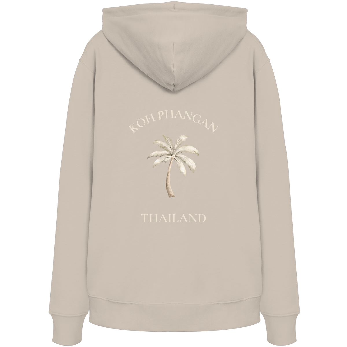 Bio Hoodie in desert dust mit Koh Phangan Mini Palm Motiv als Backprint – Original-Mockup