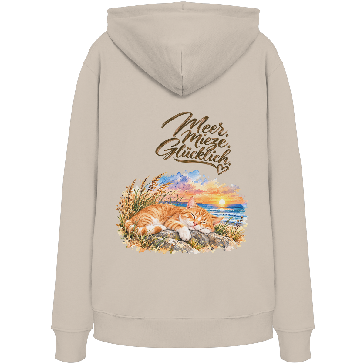 Unisex Bio-Hoodie in Desert Dust mit „Meer. Mieze. Glücklich.“ als Backprint – Rückansicht im Original-Mockup.