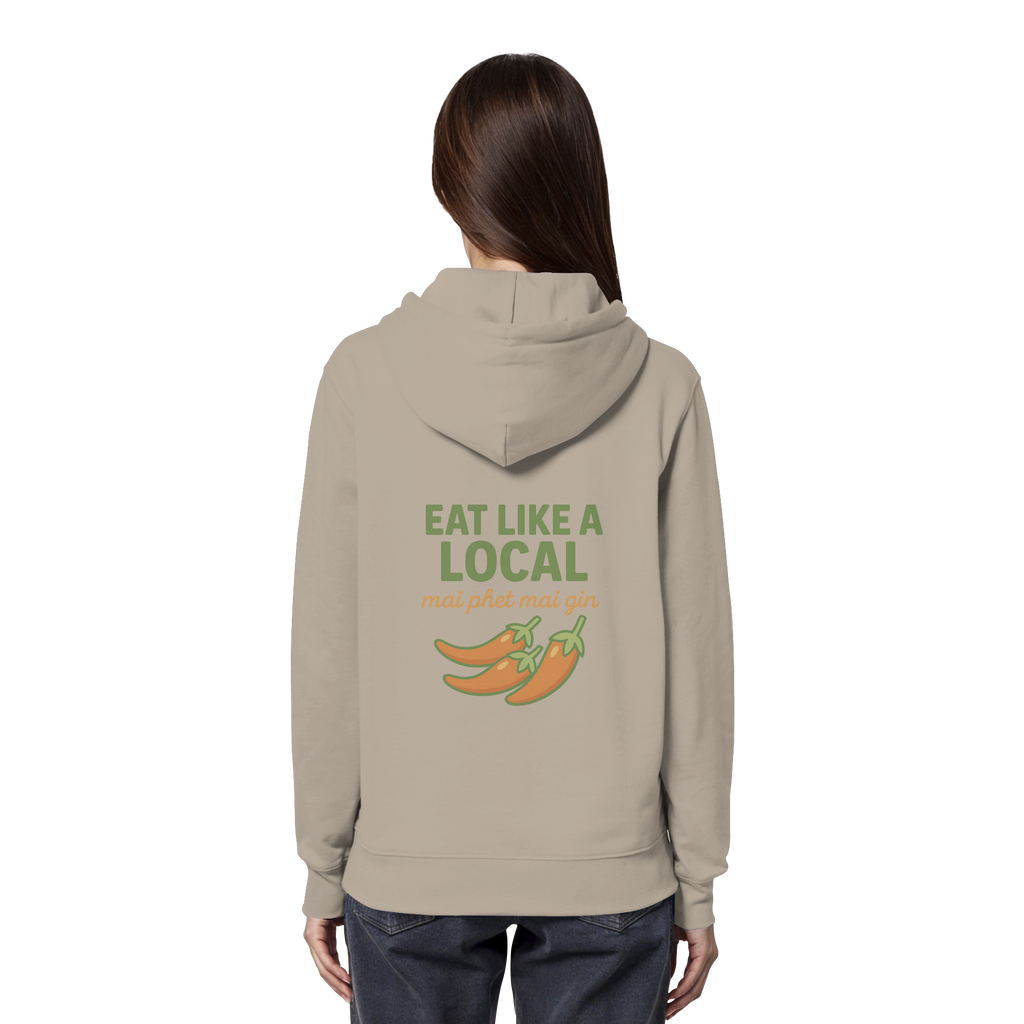 Eat Like a Local – Thai Food Design | „mai phet mai gin“ Chili Design - Rückseite bedruckt - Organic Hoodie