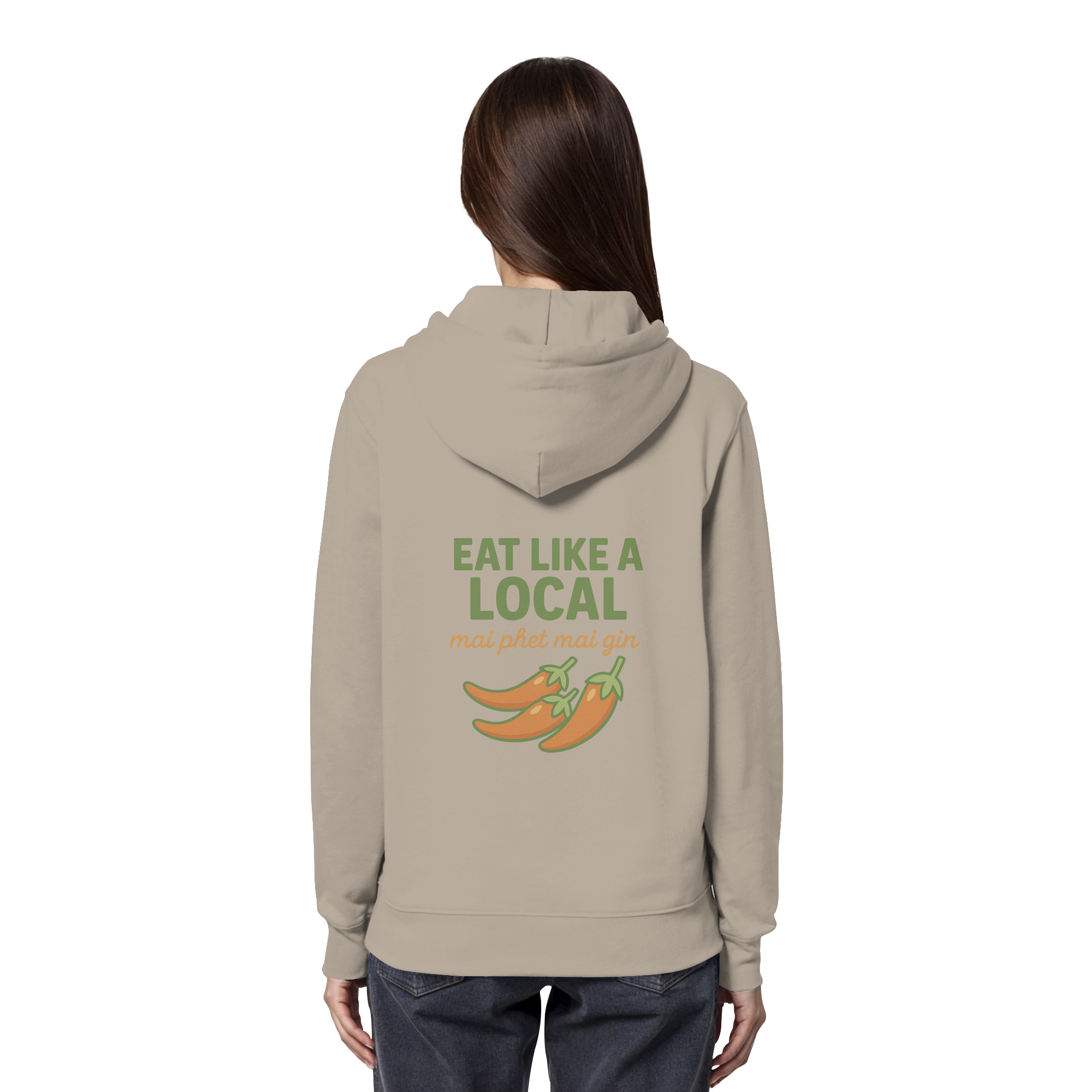 Eat Like a Local – Thai Food Design | „mai phet mai gin“ Chili Design - Rückseite bedruckt - Organic Hoodie