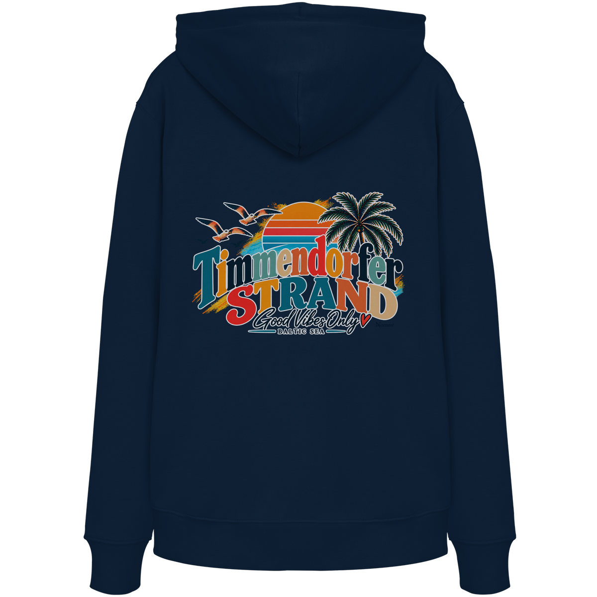 Timmendorfer Strand – Good Vibes Only – Unisex Bio-Hoodie mit Rückenprint – French Navy; originales Katalogmockup der Rückansicht mit Rückenprint.