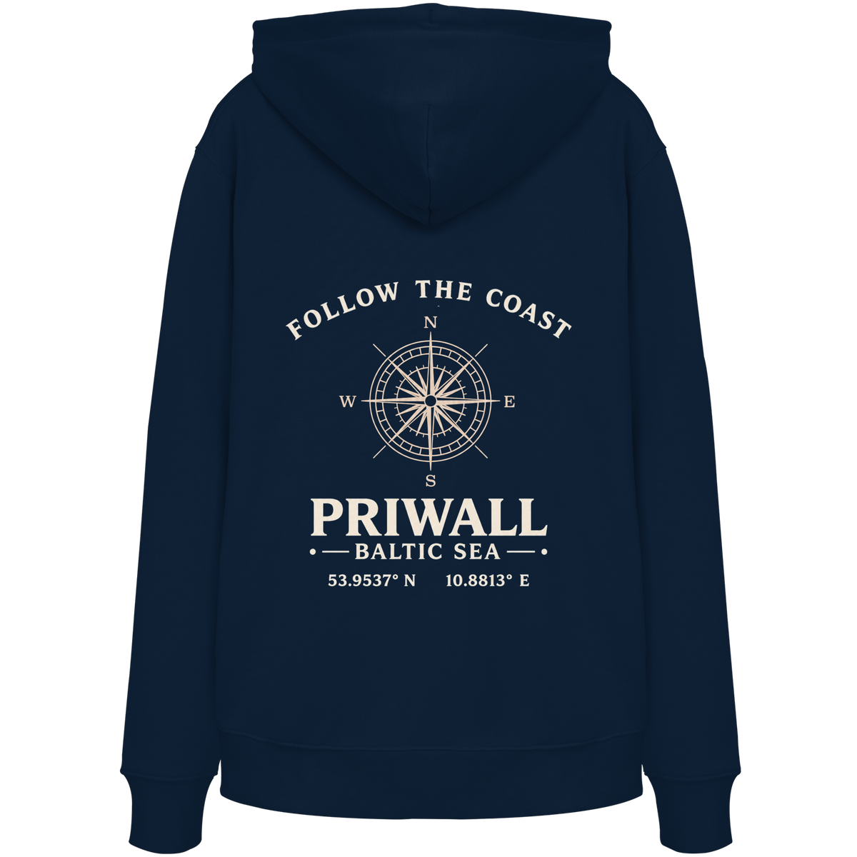 Rückansicht des Bio Hoodie in French Navy mit dunklem Priwall Follow the Coast Backprint