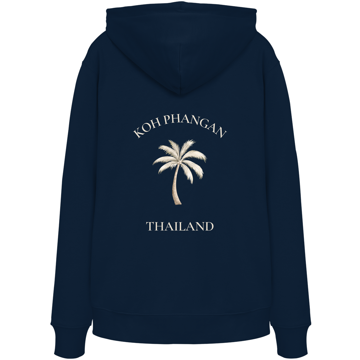 Bio Hoodie in french navy mit Koh Phangan Mini Palm Motiv als Backprint – Original-Mockup