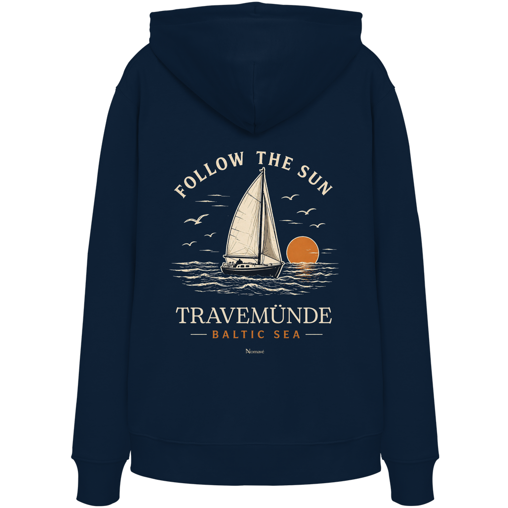 Travemünde Follow The Sun Dark Edition Hoodie – Backprint aus Bio-Baumwolle