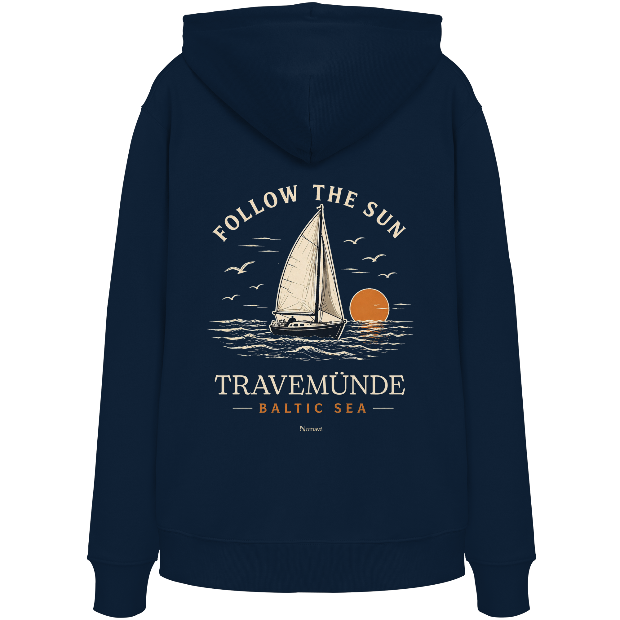 Travemünde Follow The Sun Dark Edition Hoodie – Backprint aus Bio-Baumwolle