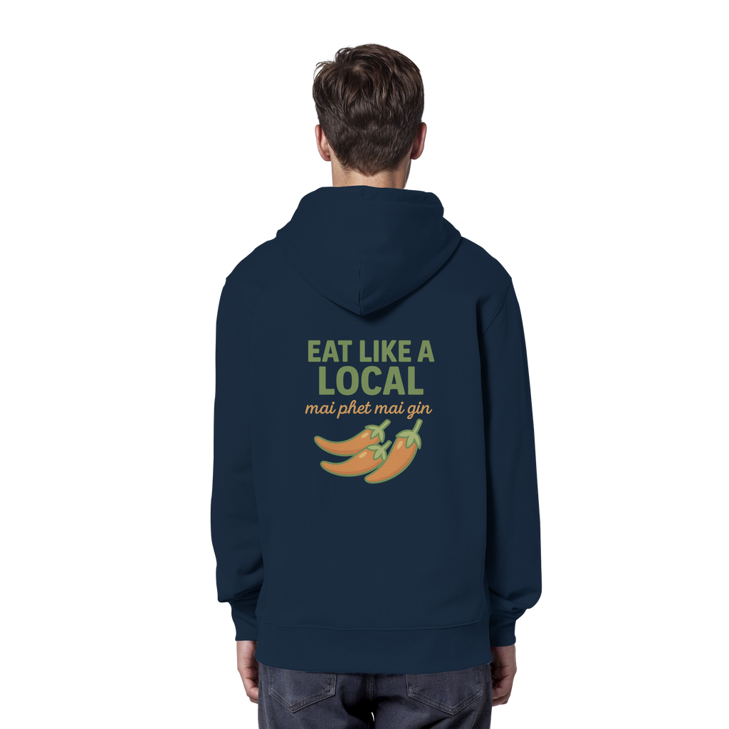 Eat Like a Local – Thai Food Design | „mai phet mai gin“ Chili Design - Rückseite bedruckt - Organic Hoodie