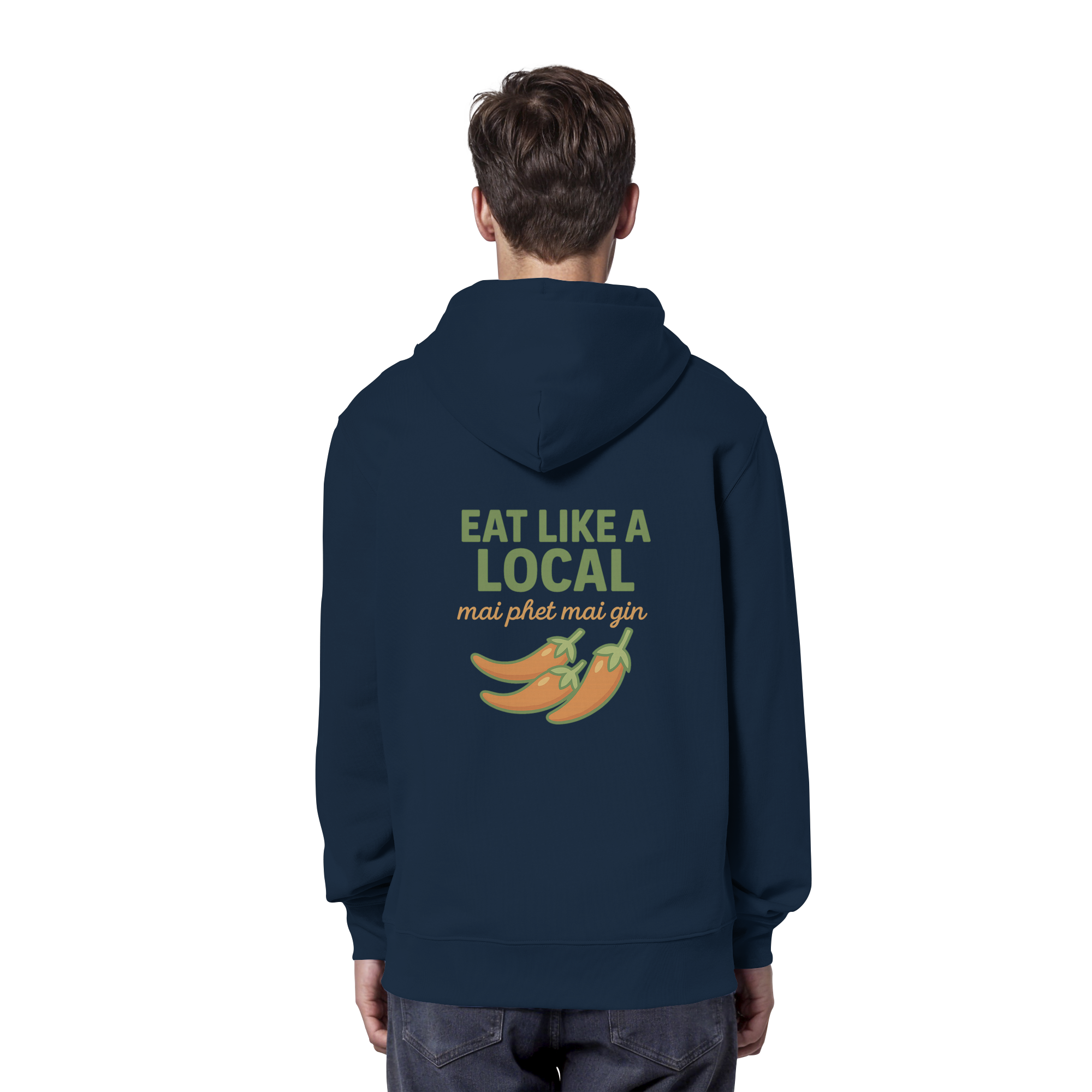 Eat Like a Local – Thai Food Design | „mai phet mai gin“ Chili Design - Rückseite bedruckt - Organic Hoodie