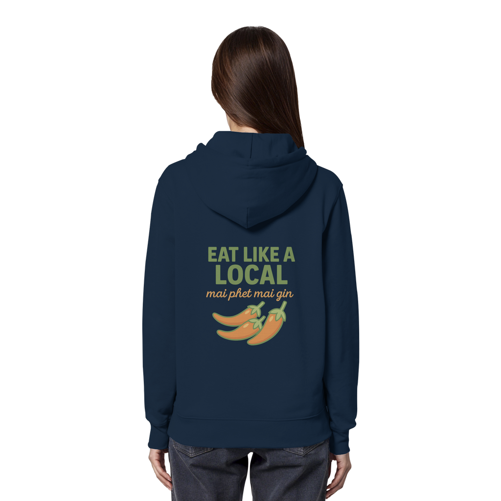 Eat Like a Local – Thai Food Design | „mai phet mai gin“ Chili Design - Rückseite bedruckt - Organic Hoodie