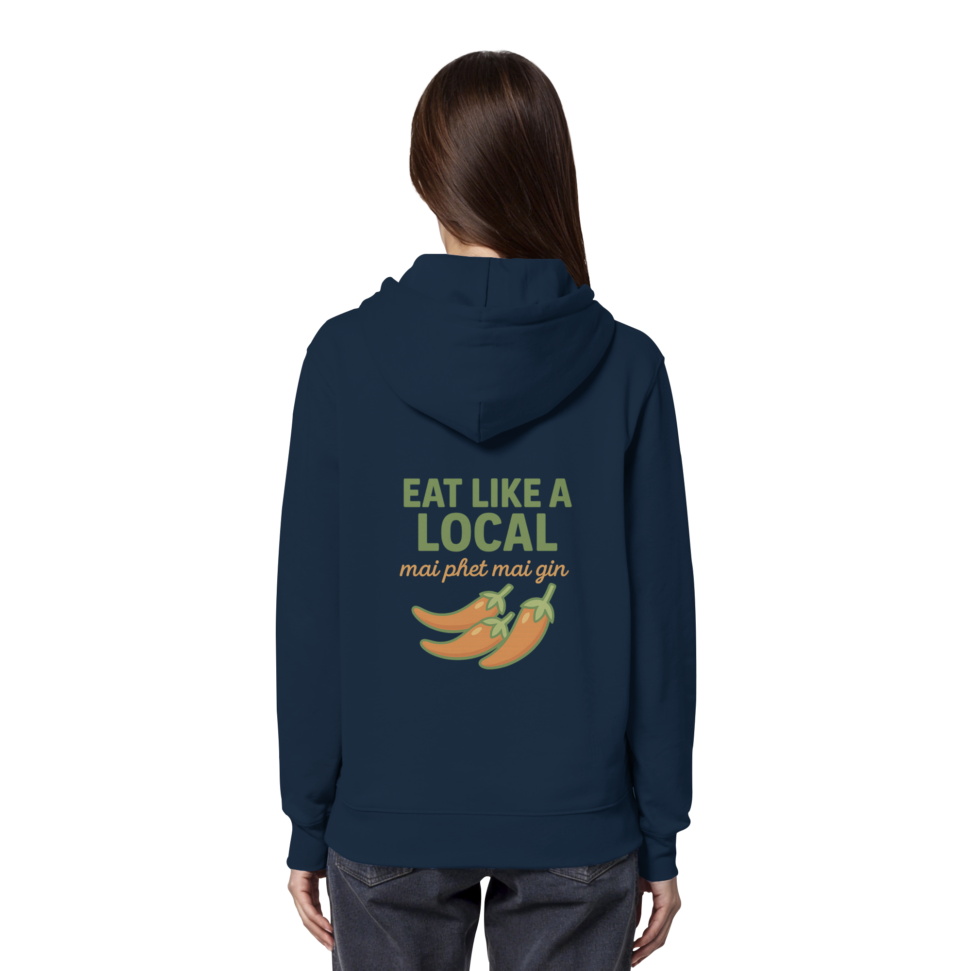 Eat Like a Local – Thai Food Design | „mai phet mai gin“ Chili Design - Rückseite bedruckt - Organic Hoodie