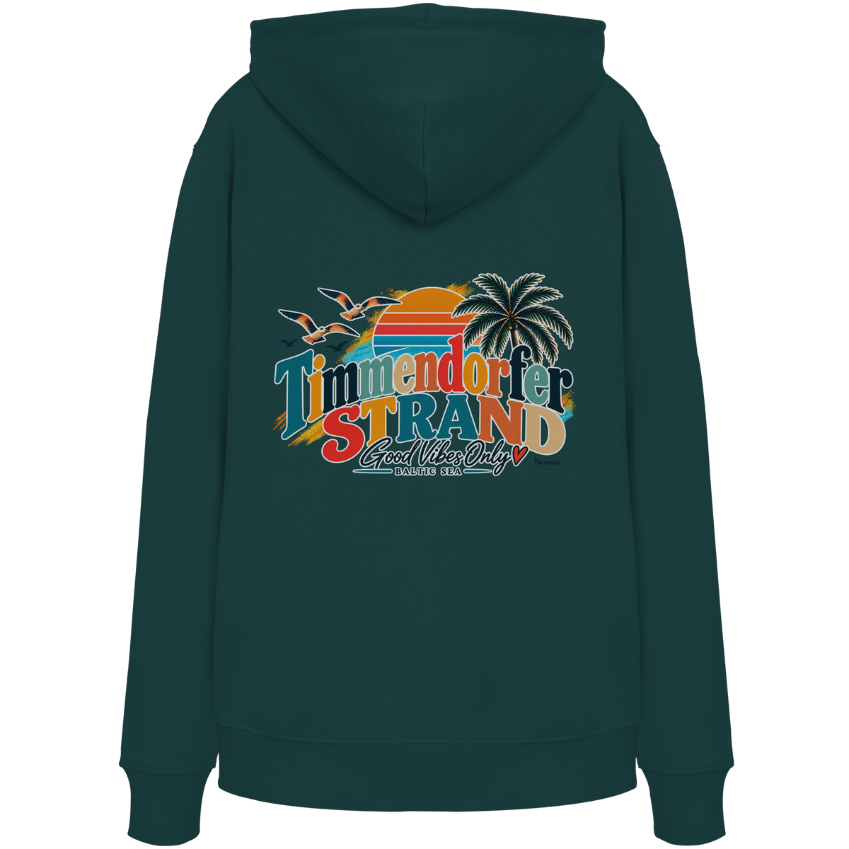 Timmendorfer Strand – Good Vibes Only – Unisex Bio-Hoodie mit Rückenprint – Glazed Green; originales Katalogmockup der Rückansicht mit Rückenprint.