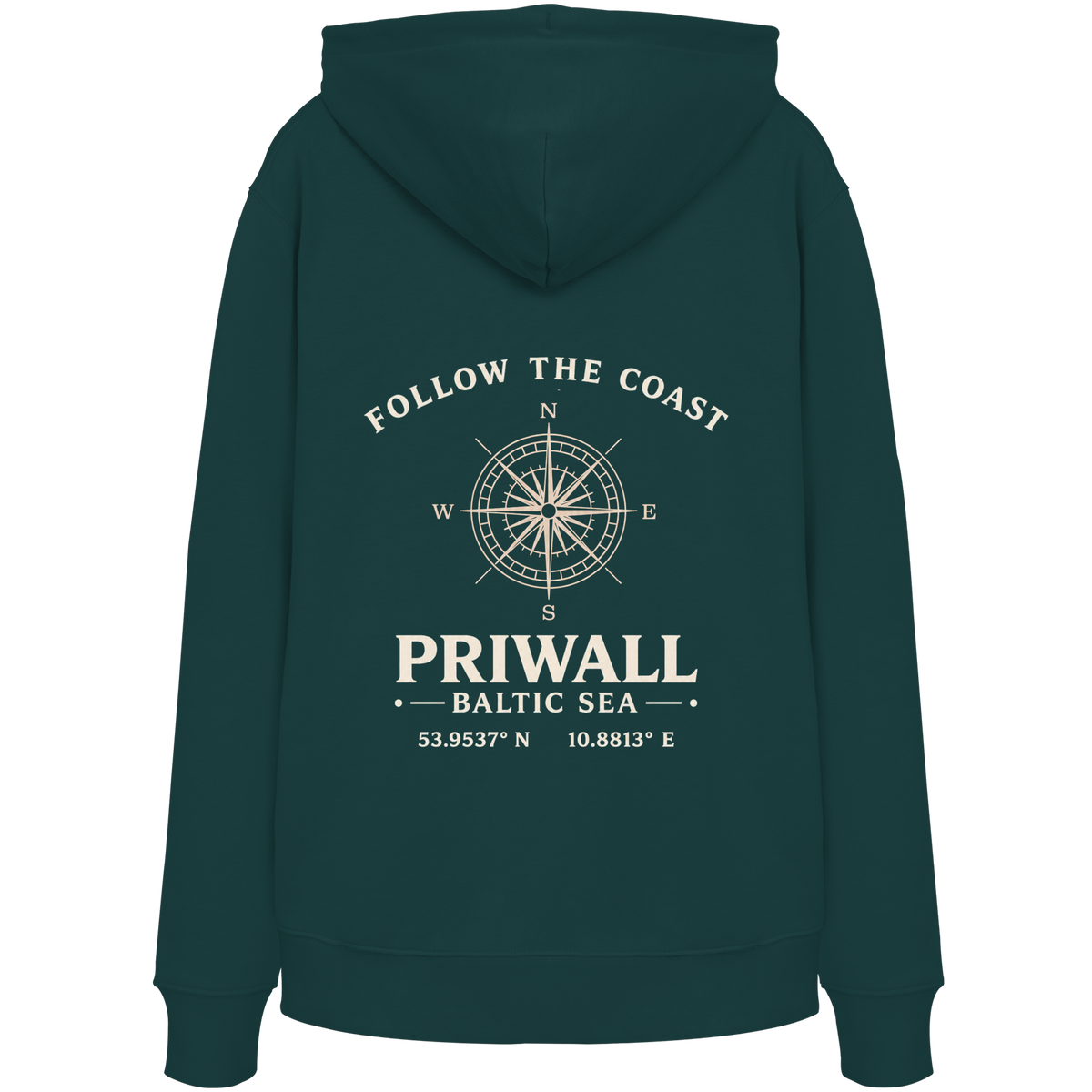 Rückansicht des Bio Hoodie in Glazed Green mit dunklem Priwall Follow the Coast Backprint
