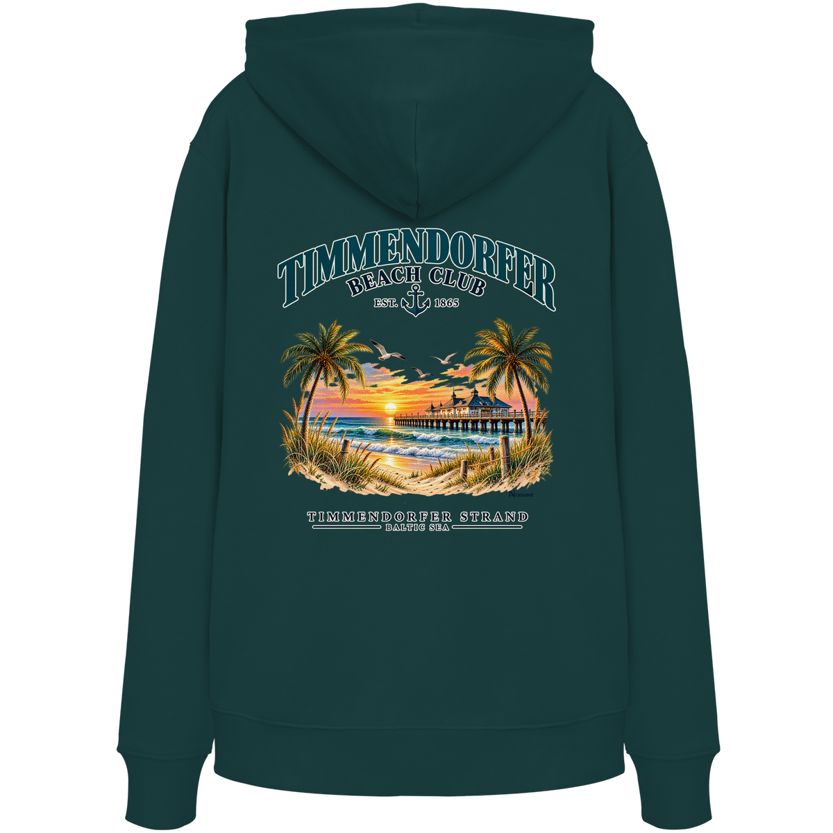 Original-/Katalogmockup: Unisex Bio-Hoodie in Glazed Green, Rückansicht mit Timmendorfer-Beach-Club-Rückendruck.