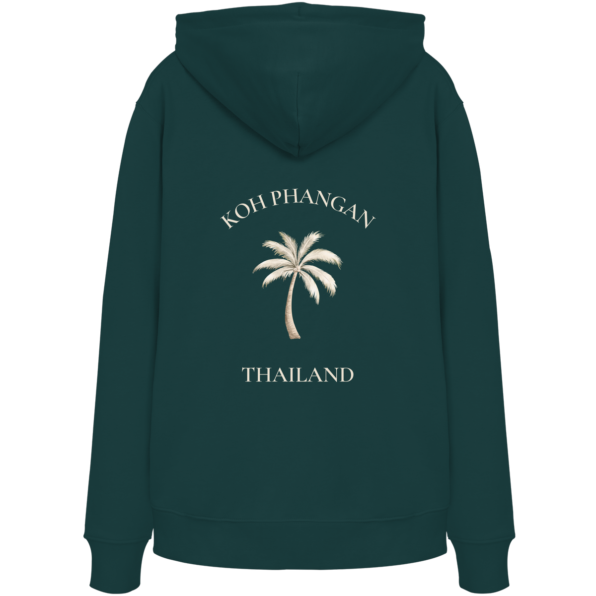 Bio Hoodie in glazed green mit Koh Phangan Mini Palm Motiv als Backprint – Original-Mockup