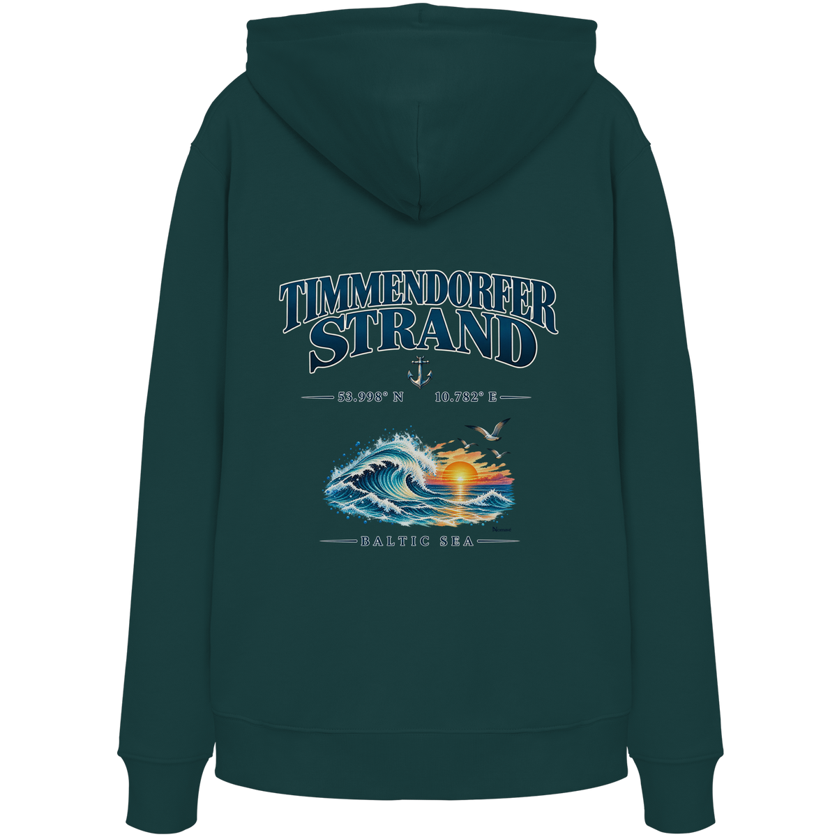 Original-Mockup 6: Unisex Bio-Hoodie in Glazed Green mit Timmendorfer Strand – Baltic Sea Backprint.