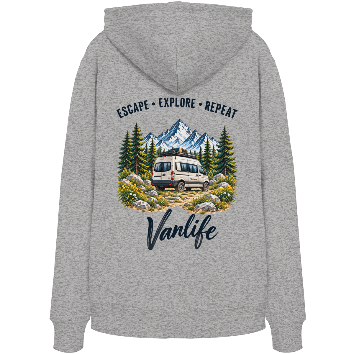 Bio Hoodie in Heather Grey als Produkt-Mockup mit Escape Explore Repeat Motiv als Backprint