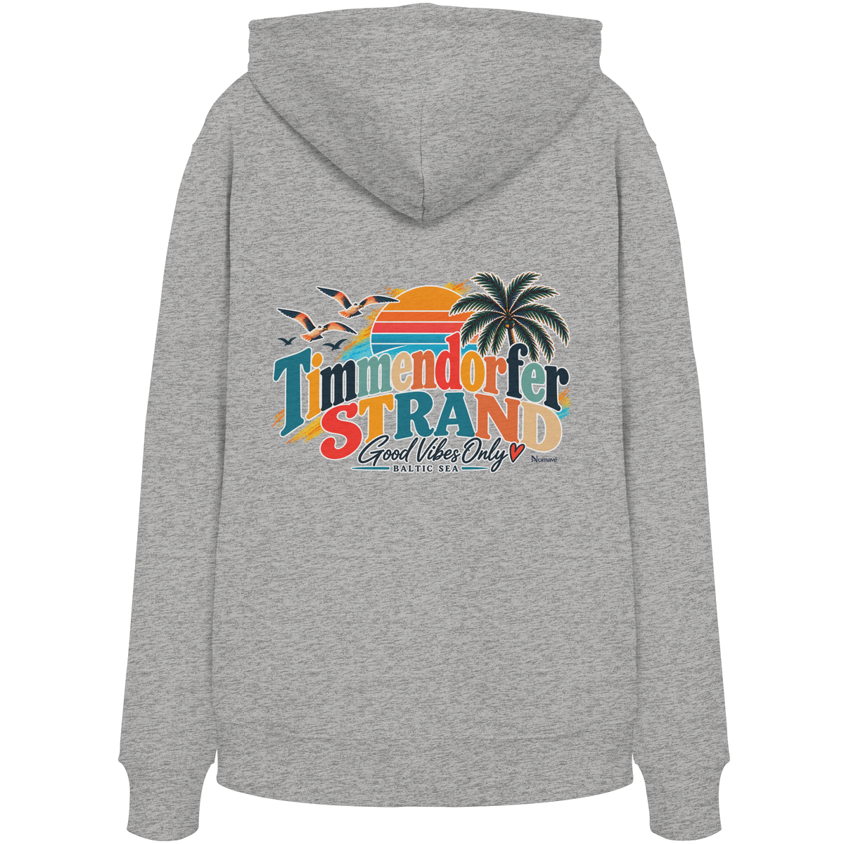 Timmendorfer Strand – Good Vibes Only – Unisex Bio-Hoodie mit Rückenprint – Heather Grey; originales Katalogmockup der Rückansicht mit Rückenprint.