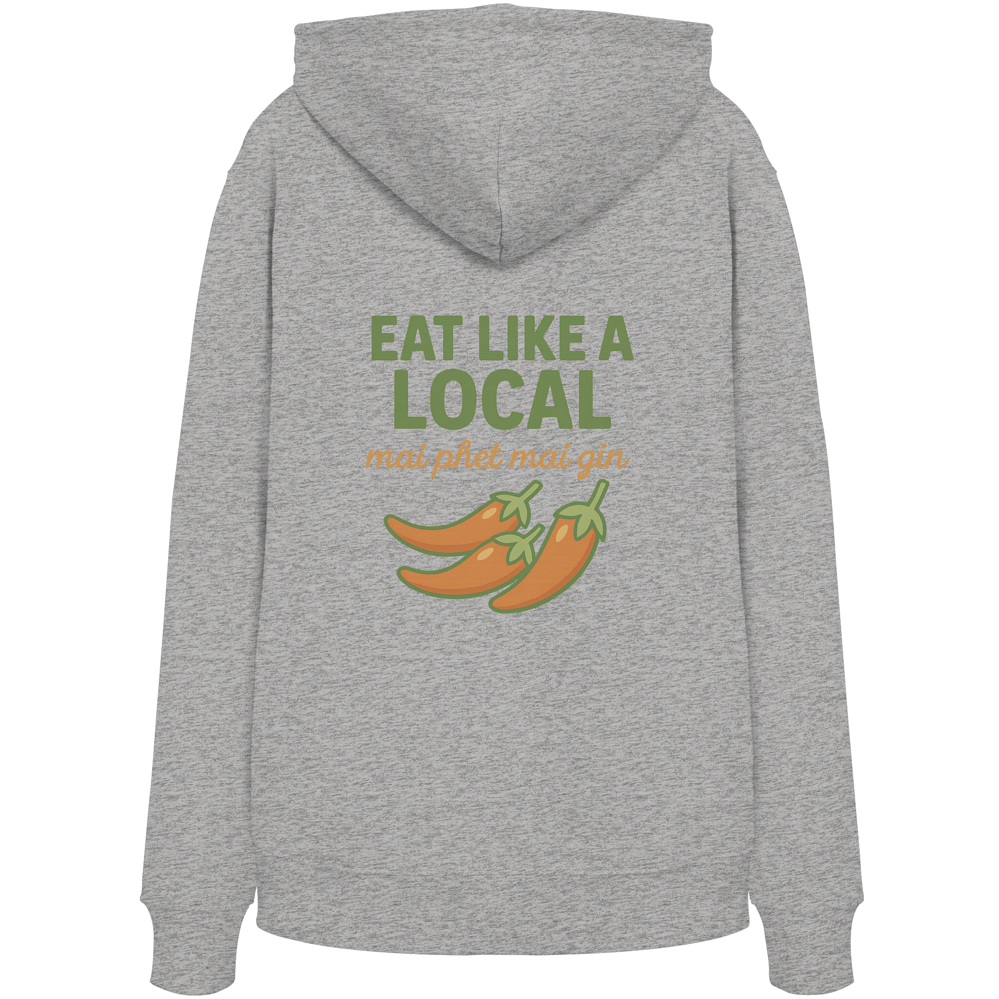 Eat Like a Local – Thai Food Design | „mai phet mai gin“ Chili Design - Rückseite bedruckt - Organic Hoodie