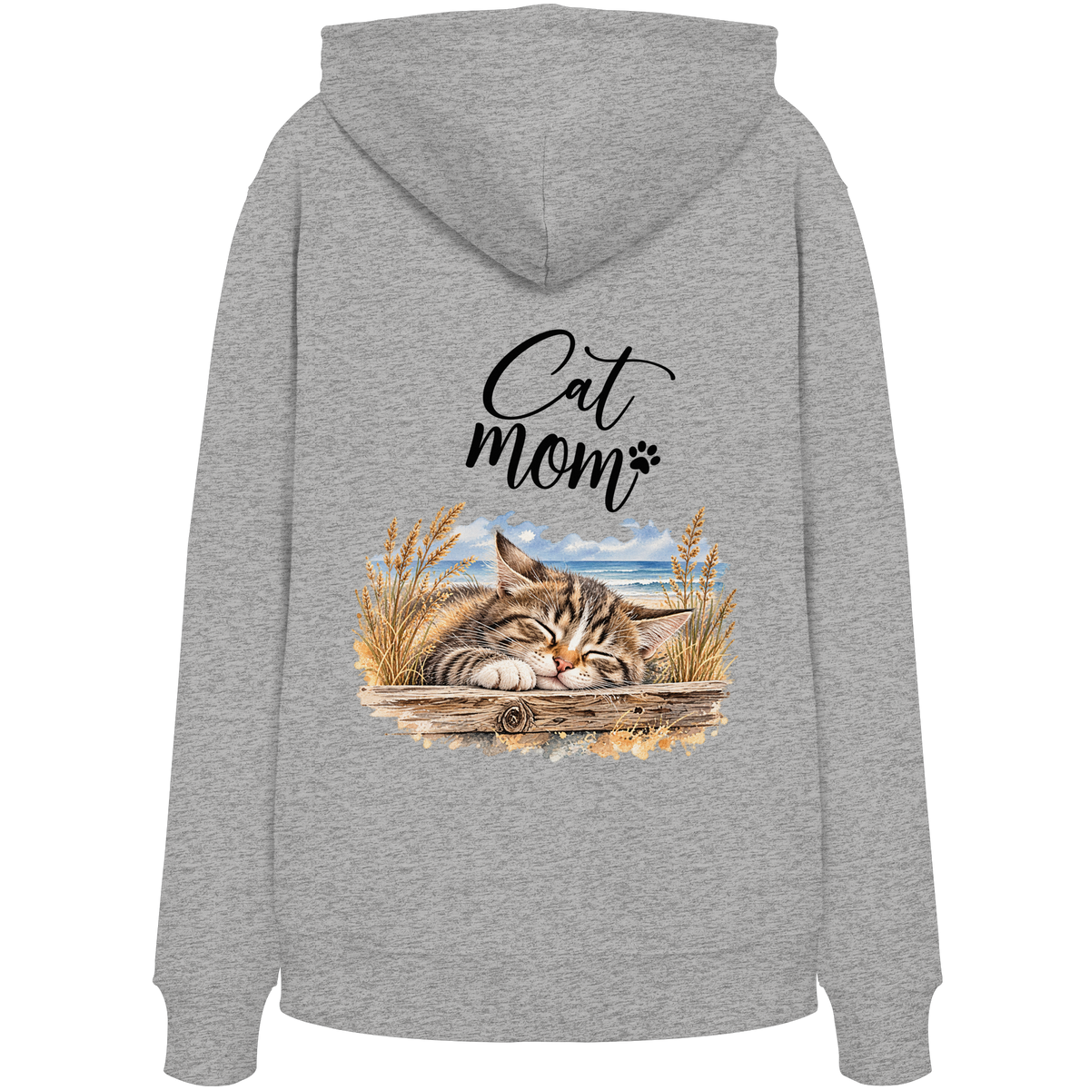 Cat Mom Bio-Hoodie in Heather Grey – Original-Rückansicht mit Kapuze und Katzen-Küstenmotiv als Rückenprint.