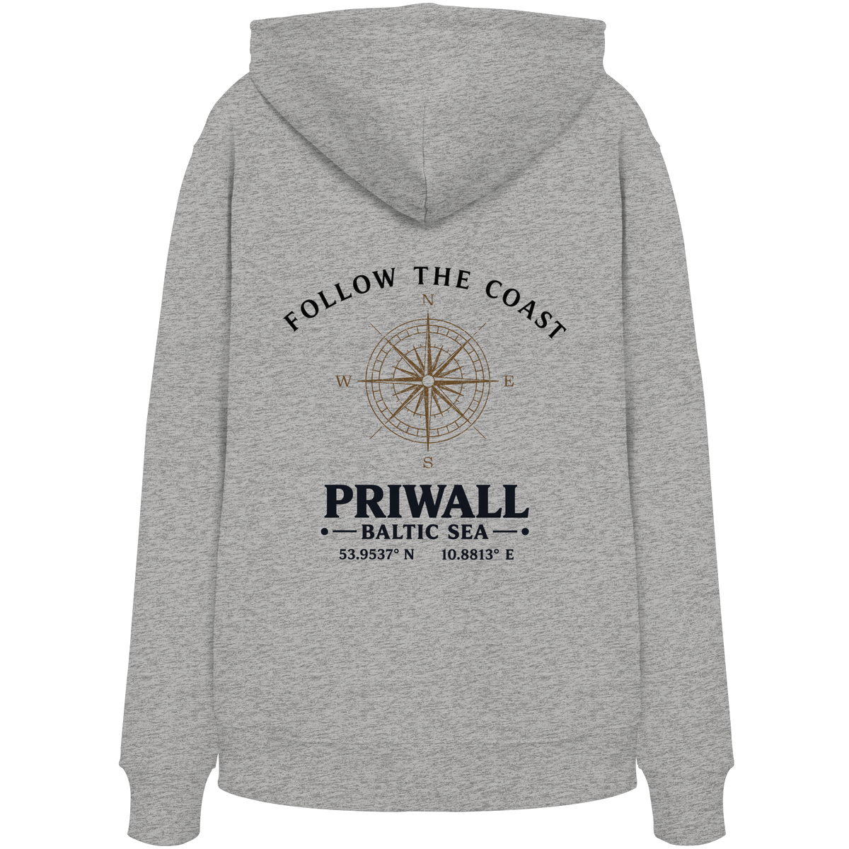Rückansicht des Bio Hoodie in Heather Grey mit hellem Priwall Follow the Coast Backprint