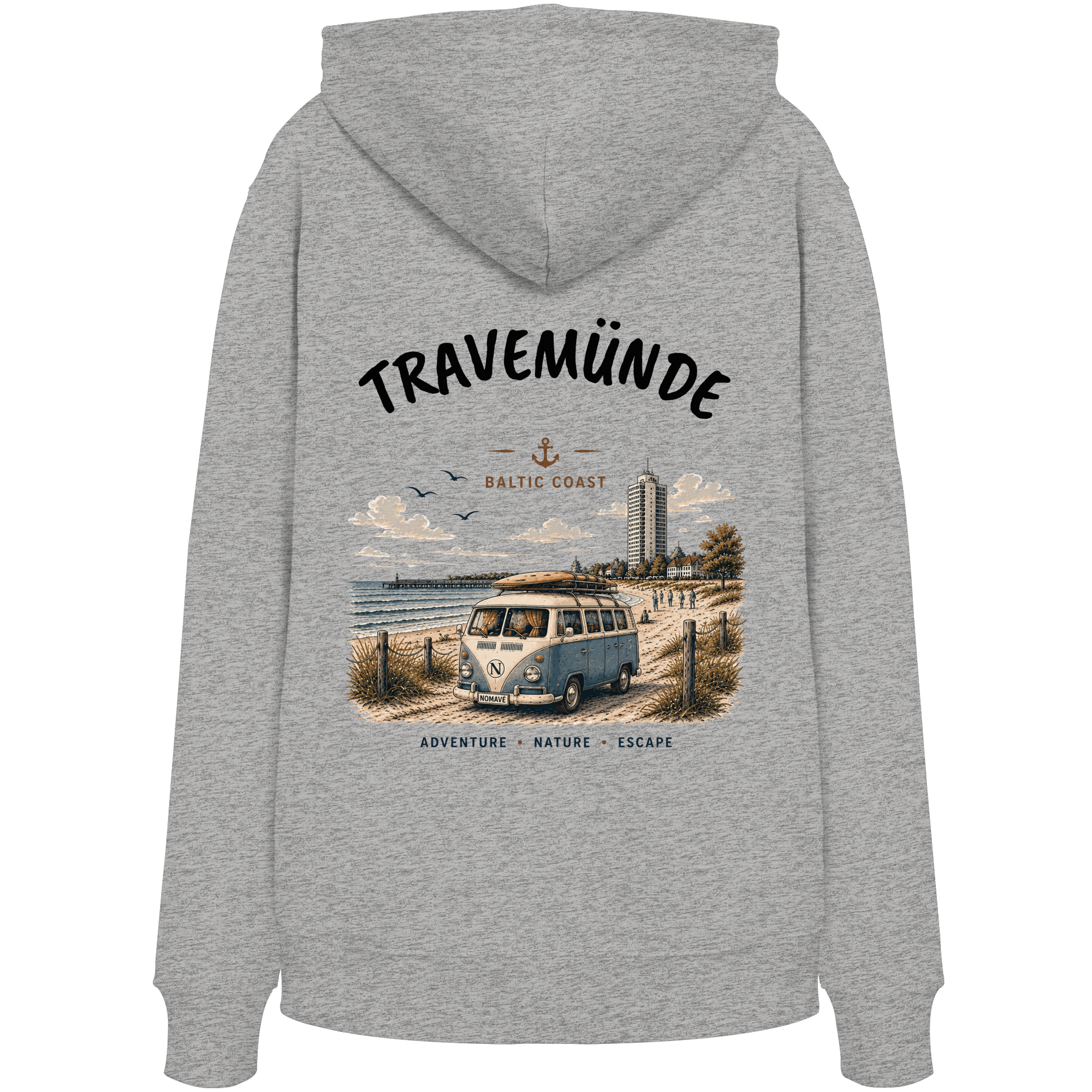 Travemünde Bulli Rückenprint – Bio Hoodie mit Küstenmotiv - Kapuzenpullover