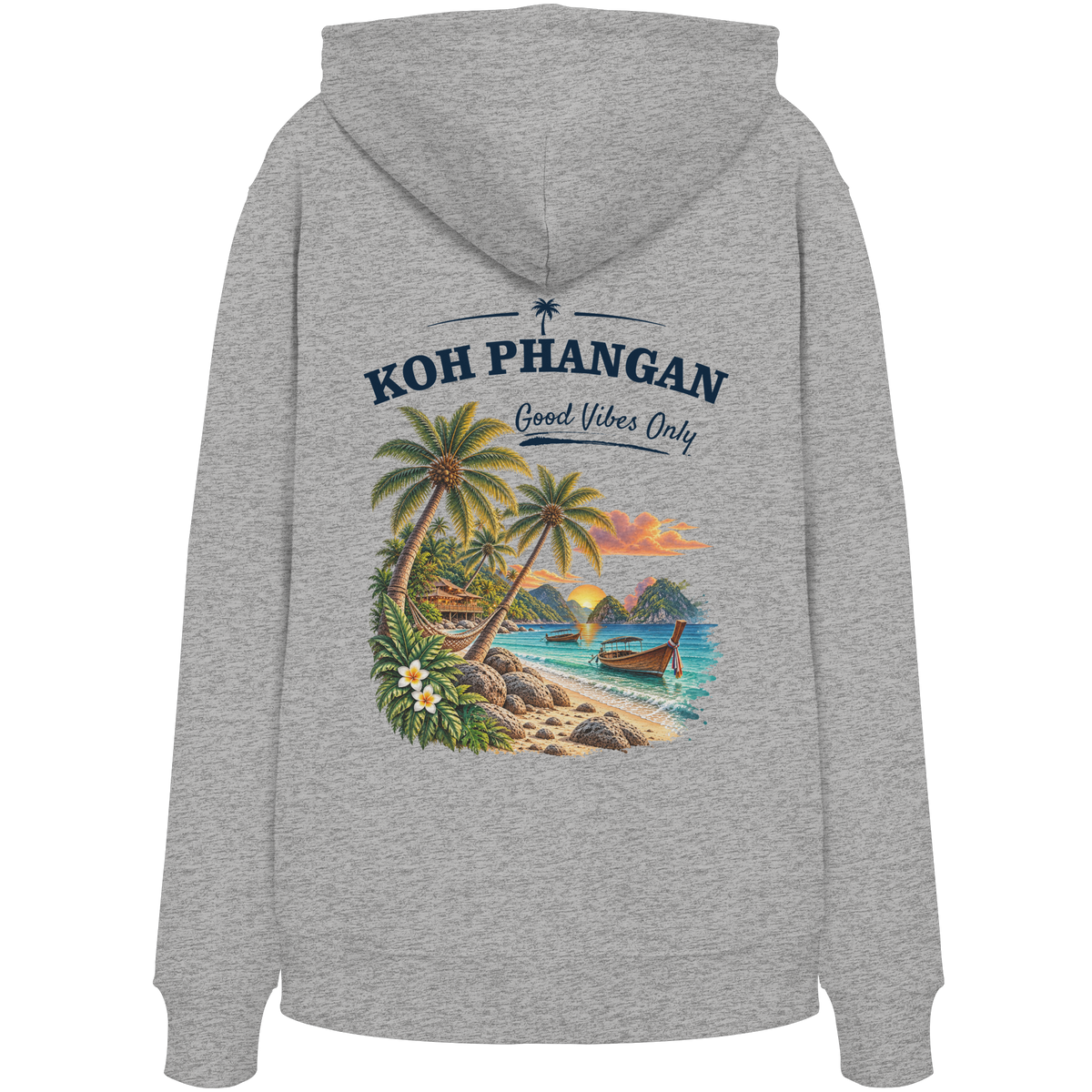 Bio Hoodie – Backprint in heather grey als Original-Mockup mit Koh Phangan Good Vibes Only Backprint