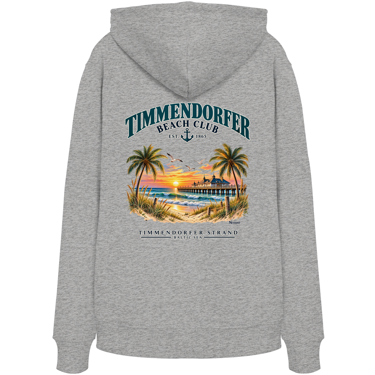 Original-/Katalogmockup: Unisex Bio-Hoodie in Heather Grey, Rückansicht mit Timmendorfer-Beach-Club-Rückendruck.