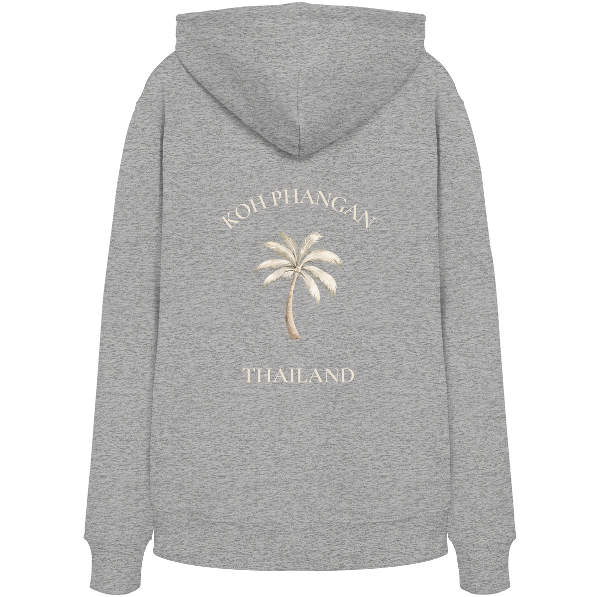 Bio Hoodie in heather grey mit Koh Phangan Mini Palm Motiv als Backprint – Original-Mockup