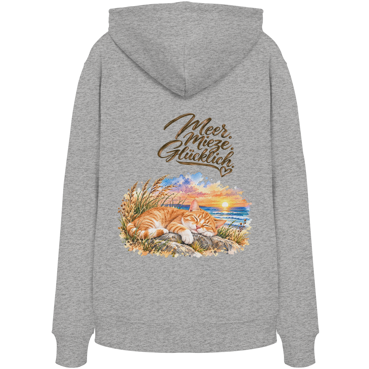 Unisex Bio-Hoodie in Heather Grey mit „Meer. Mieze. Glücklich.“ als Backprint – Rückansicht im Original-Mockup.