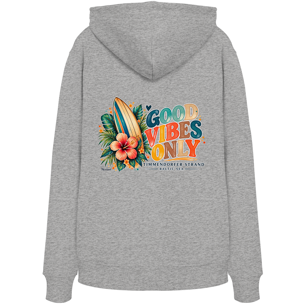 Original-Rückansicht 3: Unisex Bio-Hoodie in Heather Grey mit Timmendorfer-Surf-Vibes-Rückenprint, Surfboard, Hibiskusblüten und Baltic-Sea-Schriftzug.
