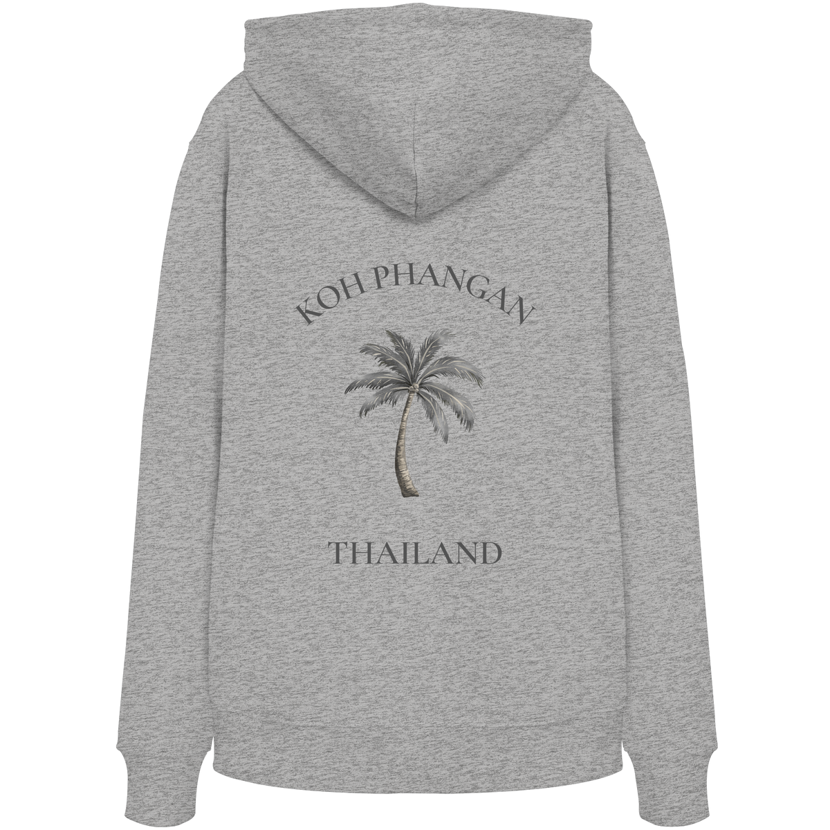 Koh Phangan Mini Palm – Bio Hoodie – Backprint – Originalmockup in Heather Grey, Produktansicht 3