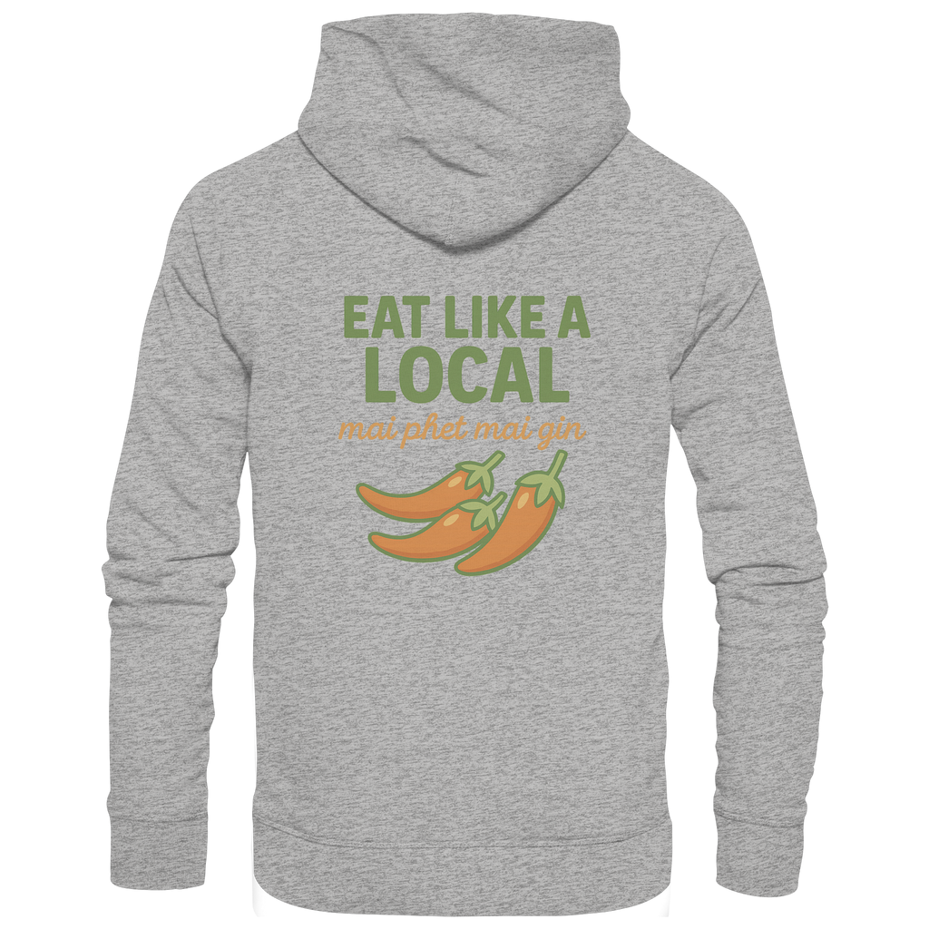 Eat Like a Local – Thai Food Design | „mai phet mai gin“ Chili Design - Rückseite bedruckt - Organic Hoodie