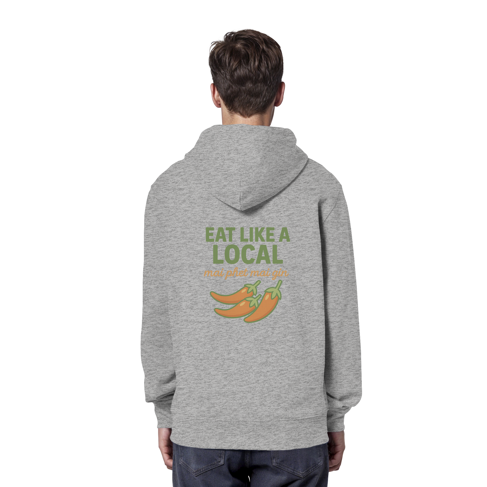 Eat Like a Local – Thai Food Design | „mai phet mai gin“ Chili Design - Rückseite bedruckt - Organic Hoodie