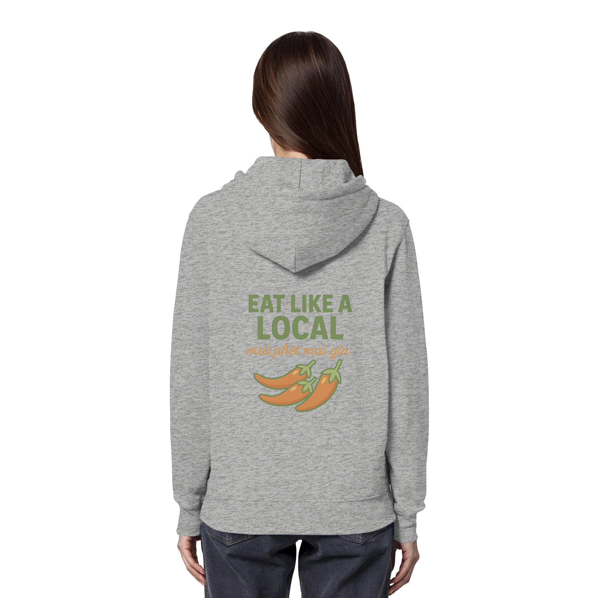 Eat Like a Local – Thai Food Design | „mai phet mai gin“ Chili Design - Rückseite bedruckt - Organic Hoodie
