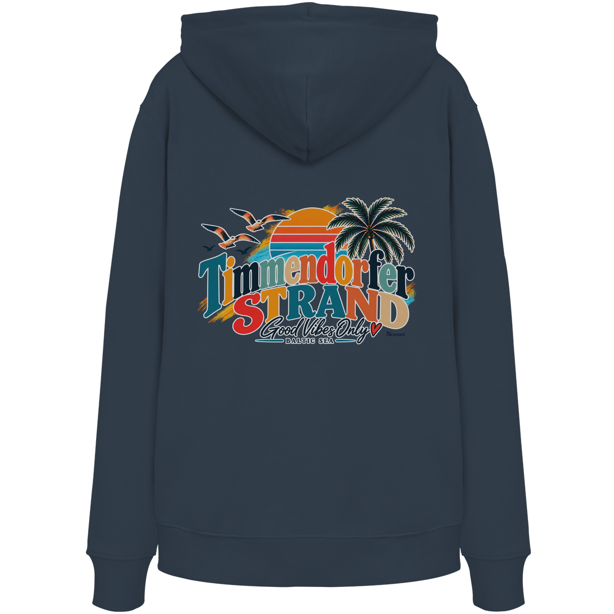 Timmendorfer Strand – Good Vibes Only – Unisex Bio-Hoodie mit Rückenprint – India Ink Grey; originales Katalogmockup der Rückansicht mit Rückenprint.