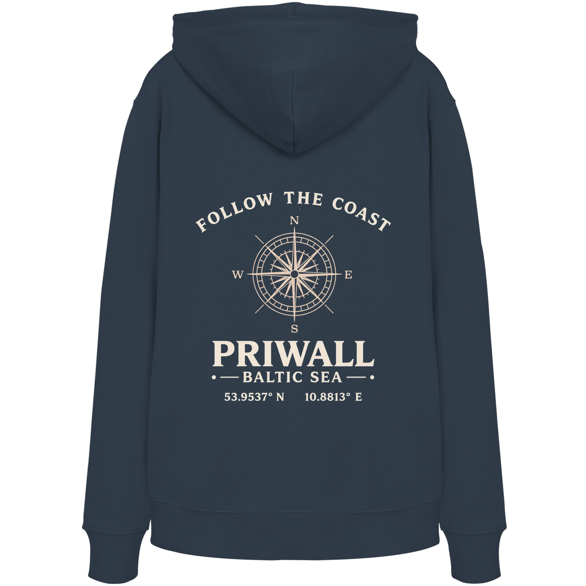 Rückansicht des Bio Hoodie in India Ink Grey mit dunklem Priwall Follow the Coast Backprint