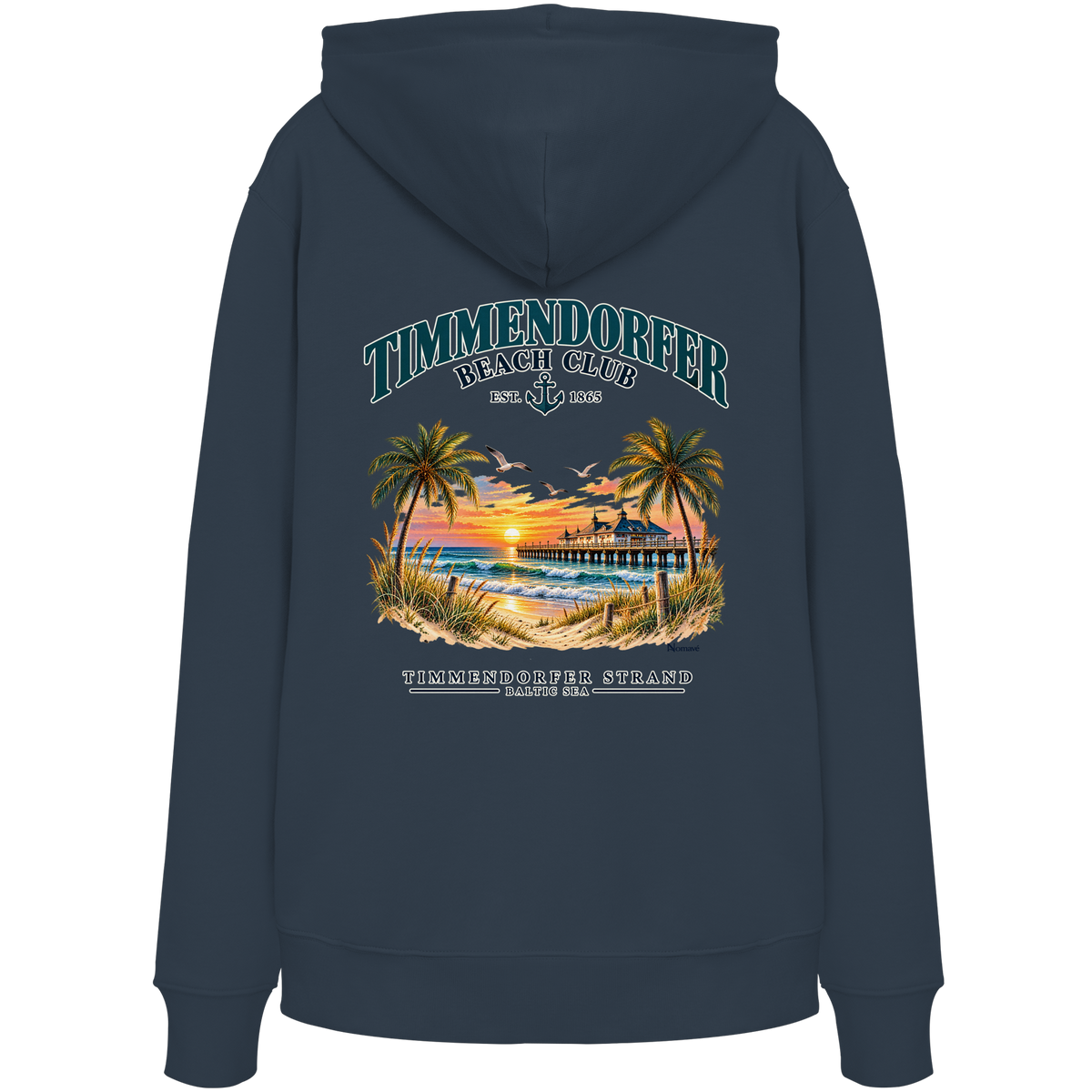 Original-/Katalogmockup: Unisex Bio-Hoodie in India Ink Grey, Rückansicht mit Timmendorfer-Beach-Club-Rückendruck.