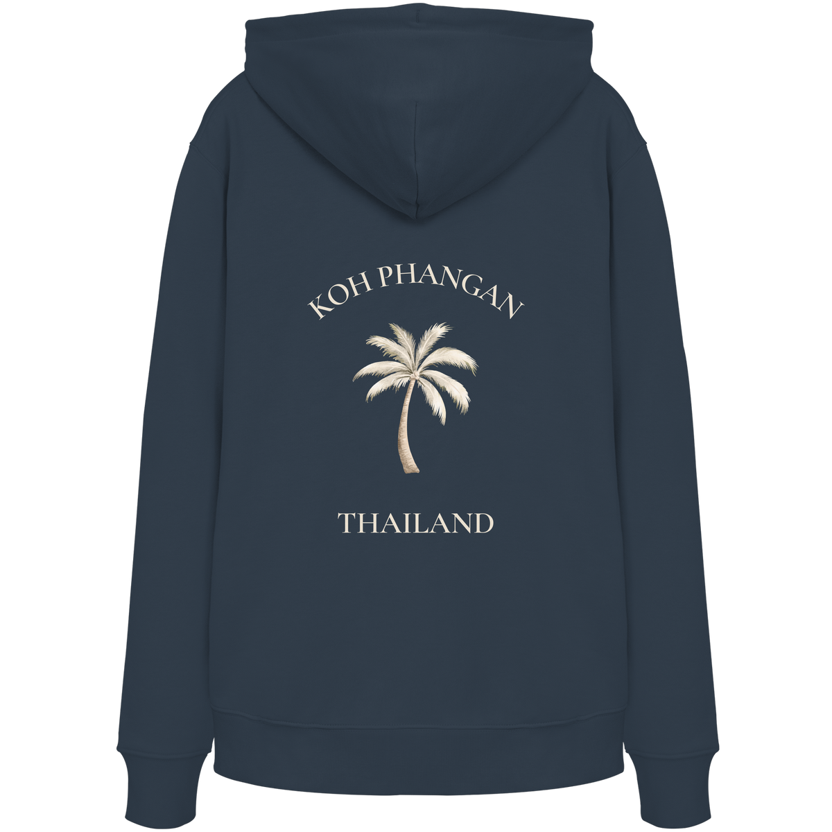 Bio Hoodie in india ink grey mit Koh Phangan Mini Palm Motiv als Backprint – Original-Mockup