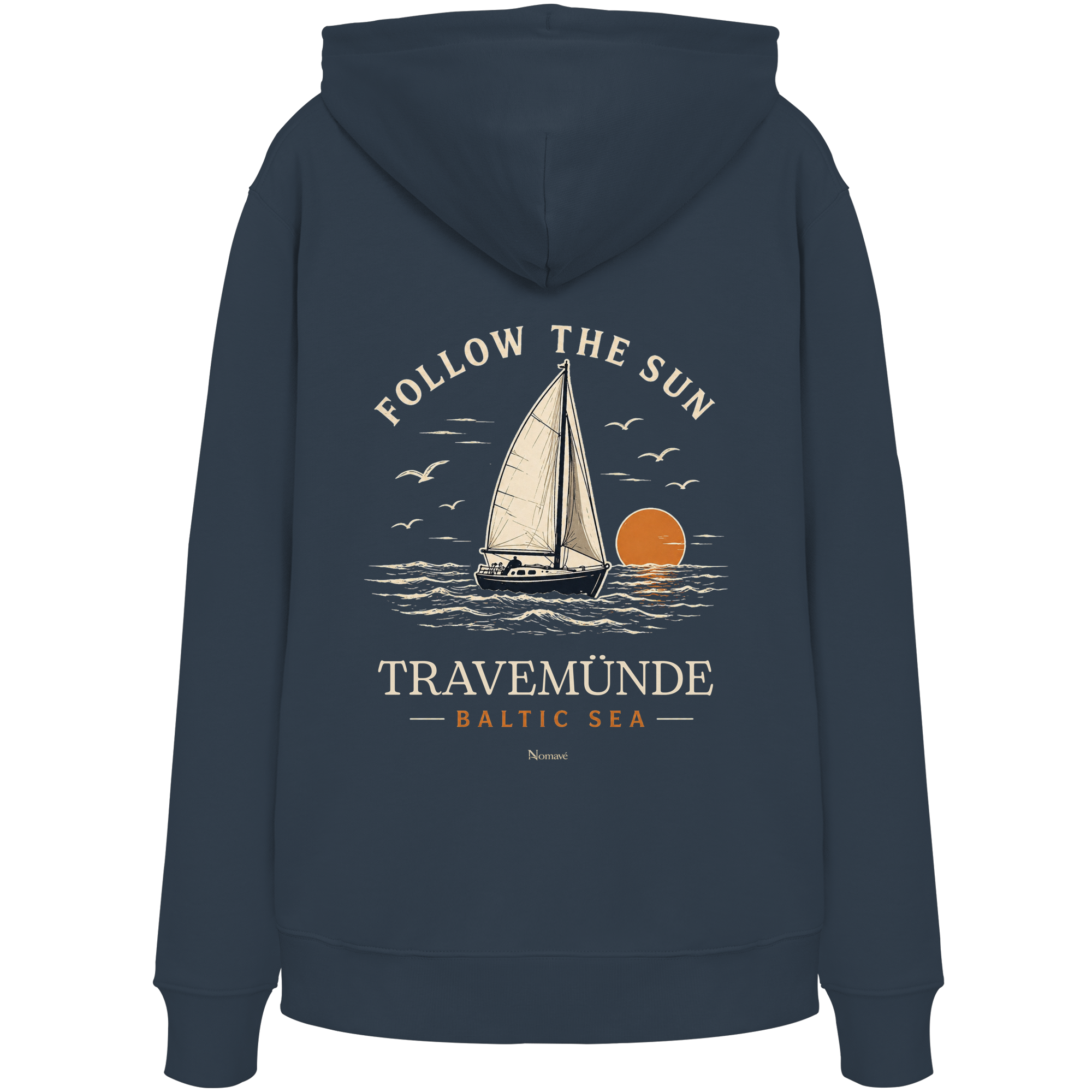 Travemünde Follow The Sun Dark Edition Hoodie – Backprint aus Bio-Baumwolle