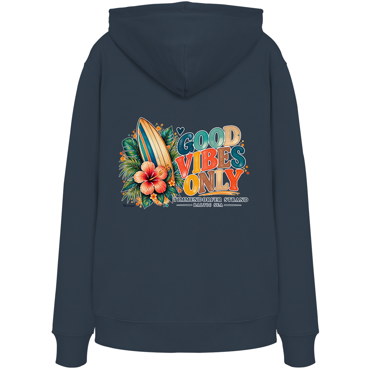 Original-Rückansicht 8: Unisex Bio-Hoodie in India Ink Grey mit Timmendorfer-Surf-Vibes-Rückenprint, Surfboard, Hibiskusblüten und Baltic-Sea-Schriftzug.